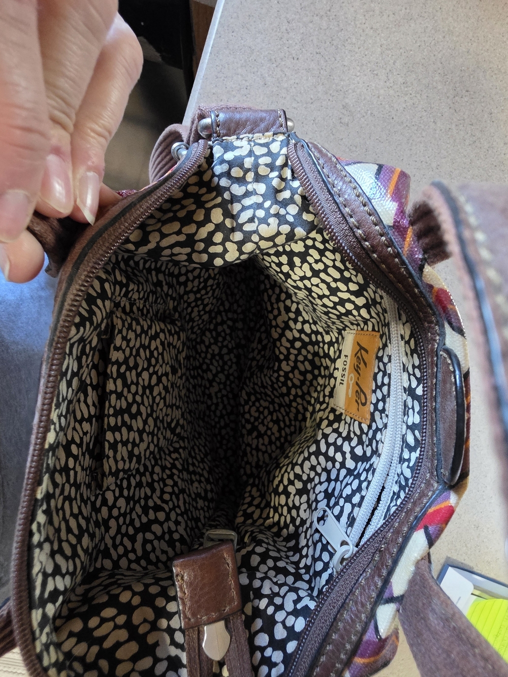 Fossil Brown, Cream, Red & Purple Geometric Crossbody Bag - Picture 3 of 5